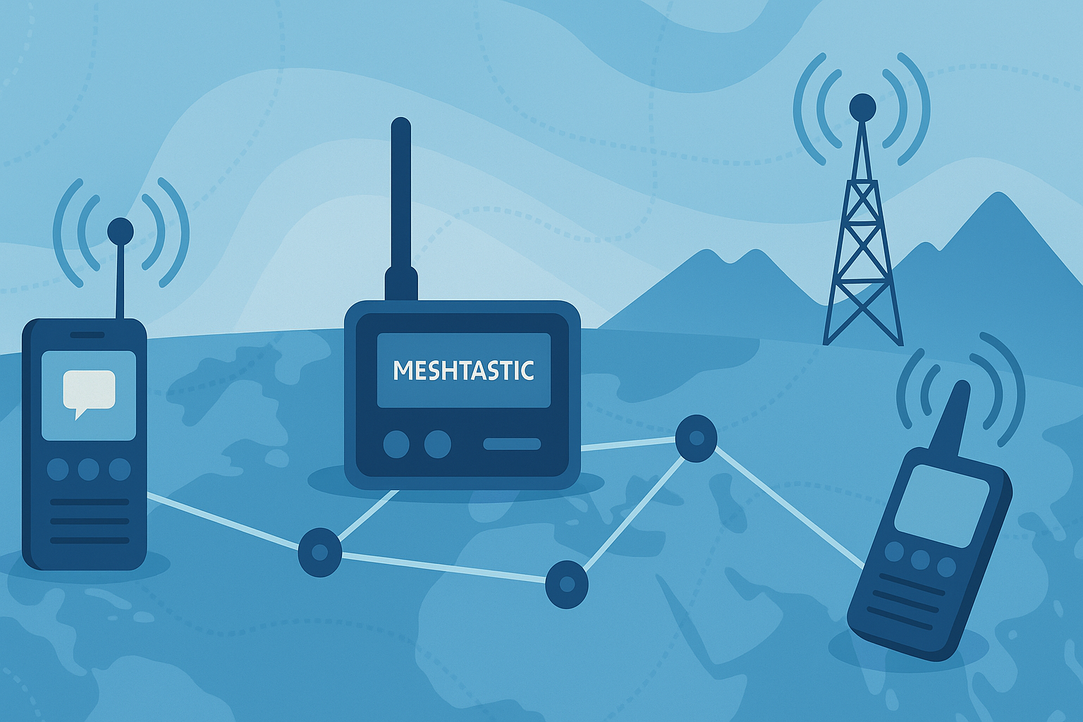 Meshtastic-Knoten mit Antenne und Funkverbindungen