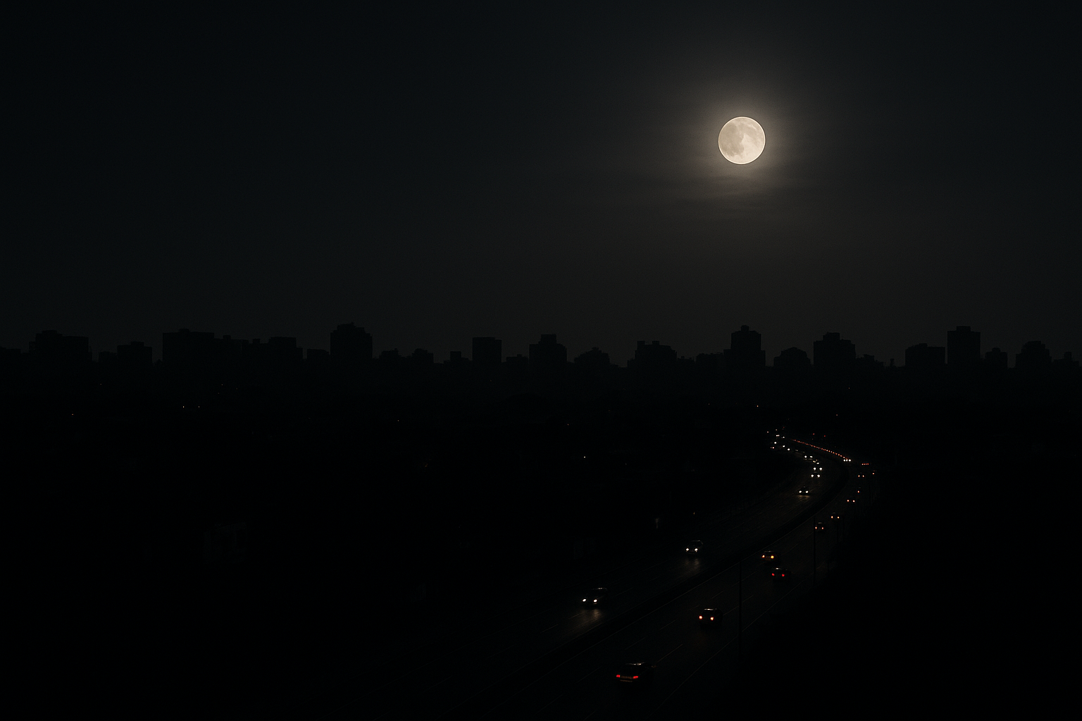 Stadt im Dunkeln, nur Autolichter und Mondlicht